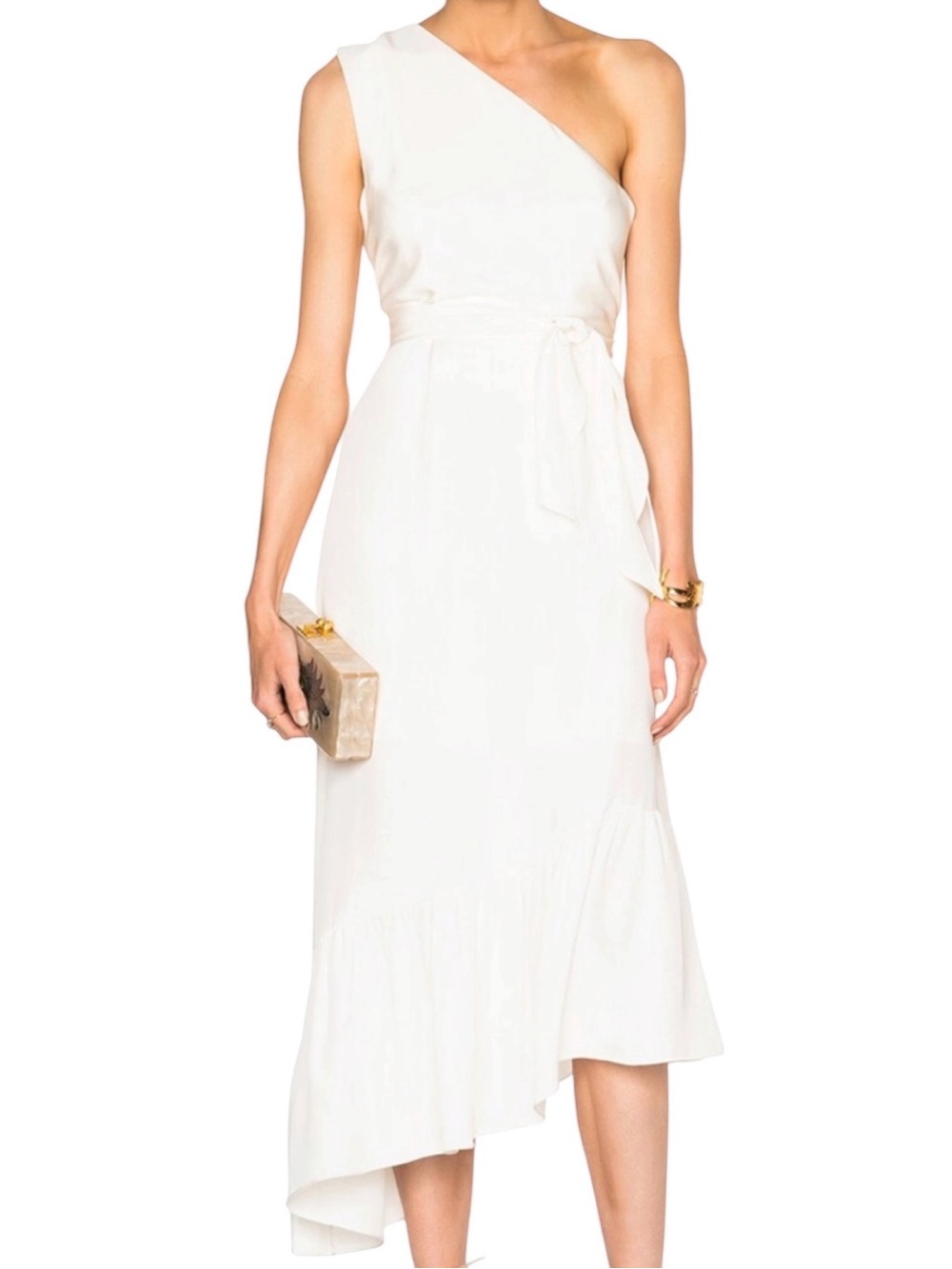 Tibi Cotton Sleeveless One Shoulder Sash Tie Waist Midi Dress, Size 4